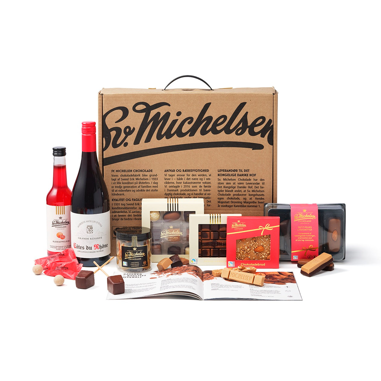 Gavekuffert med Fairtrade chokolade, vin & saft