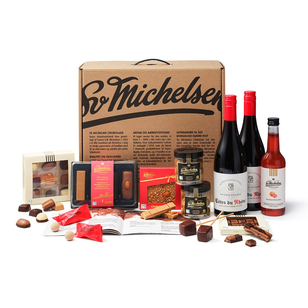 Stor gavekuffert med Fairtrade chokolade, vin & saft