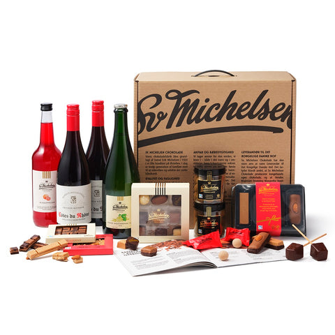 Kæmpe gavekuffert med Fairtrade chokolade, vin & saft