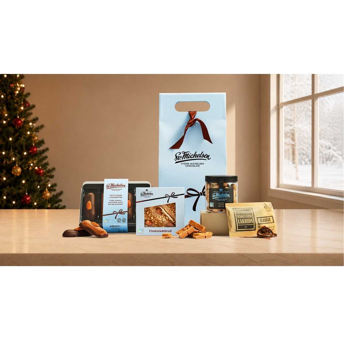 Gavepose med Fairtrade chokolade blå - 270 kr